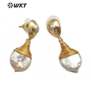 WT-E545 Naturale D'acqua Dolce Orecchino di Perla Filo di Ottone Avvolto Orecchino di Perla Forma A Goccia Orecchino Per La Cerimonia Nuziale Dei Monili - Product Image 3