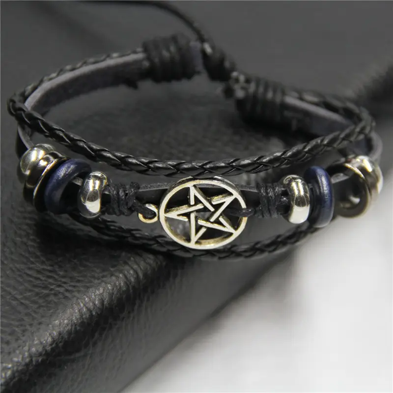 Leather Alloy bracelet Vintage Punk Rock Strap Wristband bracelet Five Point Star FREE SAMPLE