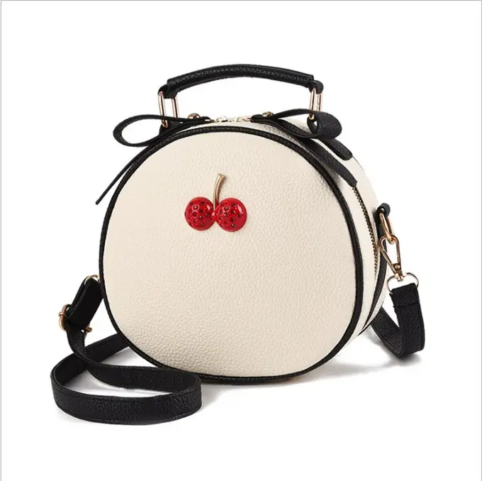 Litchi — sac à bandoulière en cuir blanc pour femmes, de haute qualité, Mini sacoche ronde avec décoration de cerises 3D, avec sangle remplaçable, 2020