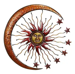 गोल्ड ब्राउन सूर्य और चंद्रमा धातु दीवार सजावट सितारों के साथ