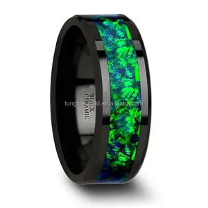 Black Ceramic Wedding Band inlay Beveled Edges and Emerald Green & Sapphire Blue Color Opal Ring - 6mm & 8 mm