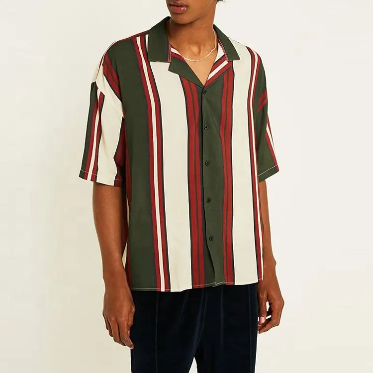 Wholesale Short Sleeve Viscose Mixed Color Vertical Striped Mens Button Down Shirt