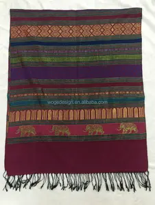 Hot selling cheap Thailand style soft cheap polyester fabric jacquard stripe geometric elephant pashmina scarf for fall spring