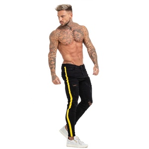 Pantaloni Jeans neri da uomo pantaloni strappati elasticizzati pantaloni Slim Fit <span class=keywords><strong>Skinny</strong></span> uomo a righe laterali pantaloni in Denim <span class=keywords><strong>nero</strong></span> Jeans uomo - Product Image 3