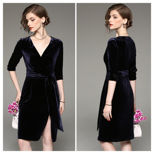 Venta al por mayor de moda de <span class=keywords><strong>terciopelo</strong></span> de cuello en V de media manga fiesta sexy noble vestido de las mujeres - Product Image 5