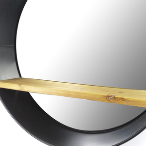 Miroir rond mural suspendu de 79,5 cm (31 pouces) avec cadre en métal noir décoratif et étagère en bois massif pour salle de bain ou salon - Product Image 4