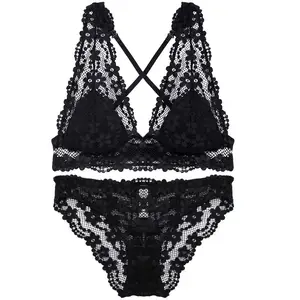 Set Celana Dalam Lingerie Wanita, Set Celana Dalam Bra Jaring Bunga untuk Bra Seksi dan Celana Dalam, Desain Baru Lingerie Wanita Hitam dan Merah Indah