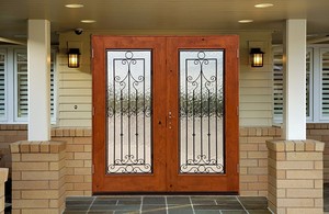 Porte d'entrée de villa <span class=keywords><strong>en</strong></span> fer forgé et <span class=keywords><strong>bois</strong></span>, avec verre, double porte principale avec motifs de grille, utilisée par Lowes - Product Image 2