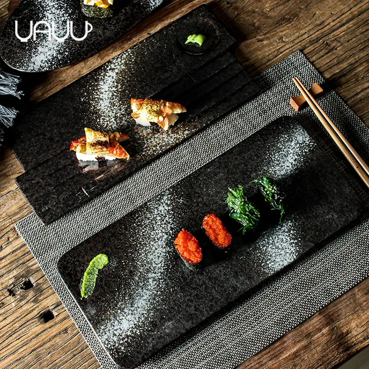 Placas pretas de cerâmica de 14 polegadas, pratos japoneses e coreanos para sushi/sobremesa