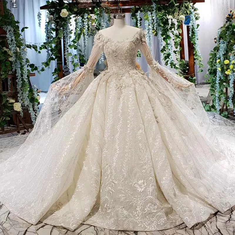 Jancember HTL511 Glitter Long Sleeve Wedding Dress Ball Gown Middle East Embroidered Lace Bridal Dresses Real Pictures 2019 New