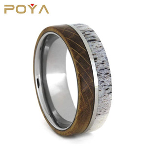 POYA 보석 8mm 위스키 배럴 나무 웨딩 밴드 남성 여성을위한 사슴 뿔 상감과 평면 가장자리 텅스텐 카바이드 링 - Product Image 5