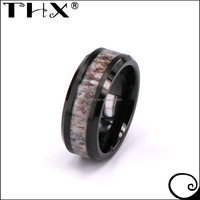 Bague en tungstène unisexe THX Jewelry International, modèle 2026, noire avec motif de bois de cerf