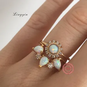 Gorgeous design sterling silver engagement ring sets diamond pear cut opal stone mixed rings set ladies