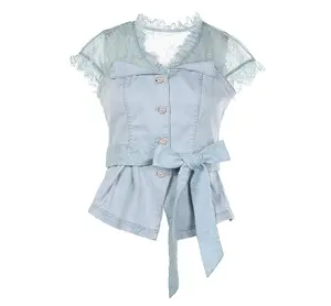 Summer Short Sleeve Women Blouses And Tops Loose Sky Blue Lace Patchwork Shirt Women Tops Casual Clothes