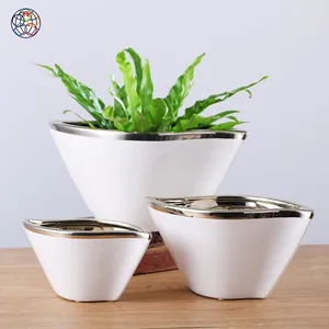 Grosir kualitas tinggi Dekorasi Desktop populer putih dan pot bunga perak kecil pot bunga keramik