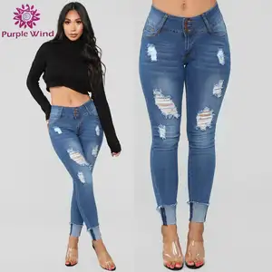 Stretch Hoge Taille Met Gestapelde Knop Opgerold Zoom Skinny Braziliaanse Jeans Voor Vrouwen