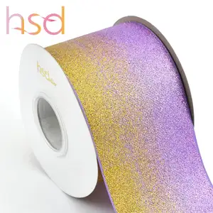 Wholesale 3 Inch Double Emas dan Ungu Glitter Dicetak Grosgrain Pita