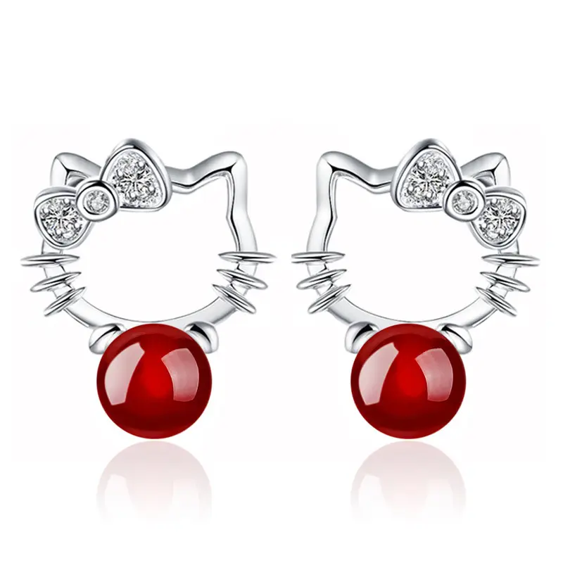 2017 New fashion red & black Agate hello kitty cute cat stud earring jewelry wholesale