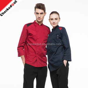 Encargo al por mayor cruzado negro rojo manga larga capa de la cocina chef profesional chaqueta - Product Image 1