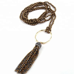 Moda donna 150cm Mini perline di <span class=keywords><strong>ferro</strong></span> annodate grande anello cerchio in metallo oro <span class=keywords><strong>collana</strong></span> con nappe di cristallo - Product Image 2