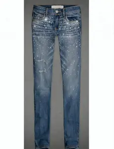 Royal Wolf Denim Jeans Nhà Sản Xuất Màu Xanh Đậm Cô Gái Cao Rhinestone Tôn Tạo Và Nail Bead Quần Denim ĐÍnh