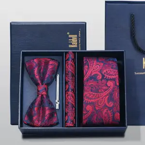 Conjunto de corbata de lazo rojo, caja de regalo, corbata cuadrada de bolsillo, conjunto de traje y corbata para esmoquin, corbata, 4 Uds.