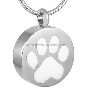 IJD8088 כד זיכרון צורה עגולה 316L נירוסטה חיות מחמד תכשיטים לבן/הדפס השחור <span class=keywords><strong>Paw</strong></span> מזכרת שרשראות אפר שריפת גופה - Product Image 2