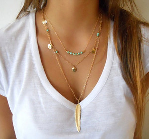 Moda Color oro multistrato moneta nappe Lariat Bar collane perline Choker <span class=keywords><strong>piuma</strong></span> pendenti collane per le donne Bijoux - Product Image 1