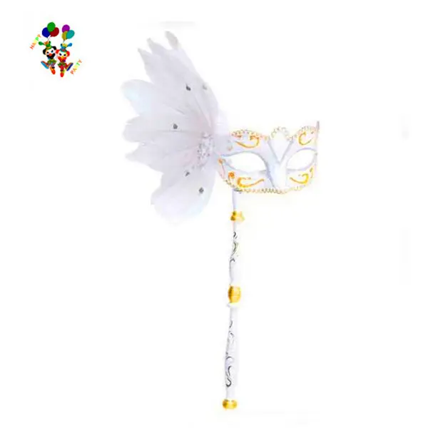 Mardi Gras White Feather Masquerade Party Masks On Stick HPC-0468