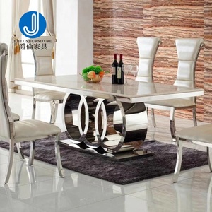 Mesa de comedor de acero inoxidable, moderna, de lujo, con mármol blanco y plateado - Product Image 6