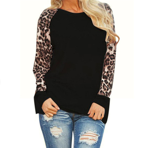 Popolare delle donne delle donne Della Stampa Del Leopardo Camicetta Casual A Manica Lunga Bicolore T-Shirt - Product Image 3