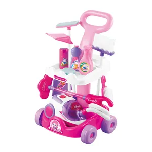 Pretend play kids cleaning set plastic toy cleaning trolley with vacuum cleaner toy