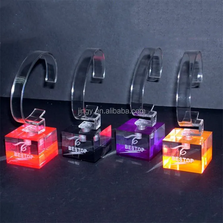 Custom colorful logo solid cube with C ring pmma plexiglass acrylic smart wrist watch band holder acrylic C ring watch holder