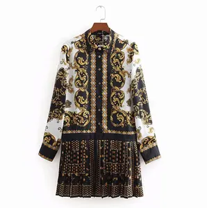 Fashion design printed long sleeve good quality pleated women shirt dress