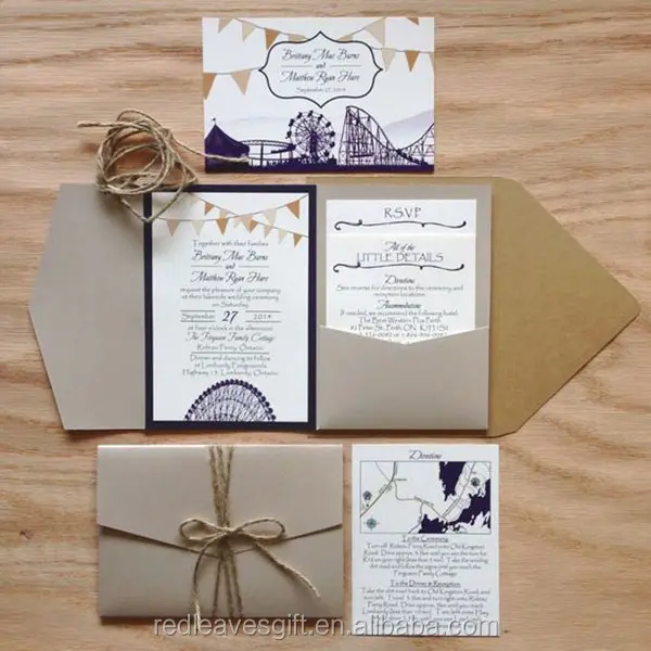 Cep katlama özel düğün davetiyesi kartları lazer kesim kartı