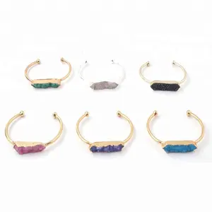 Luxury chunky natural stone gold plated colorful bangle druzy raw quartz womens cuff bracelet
