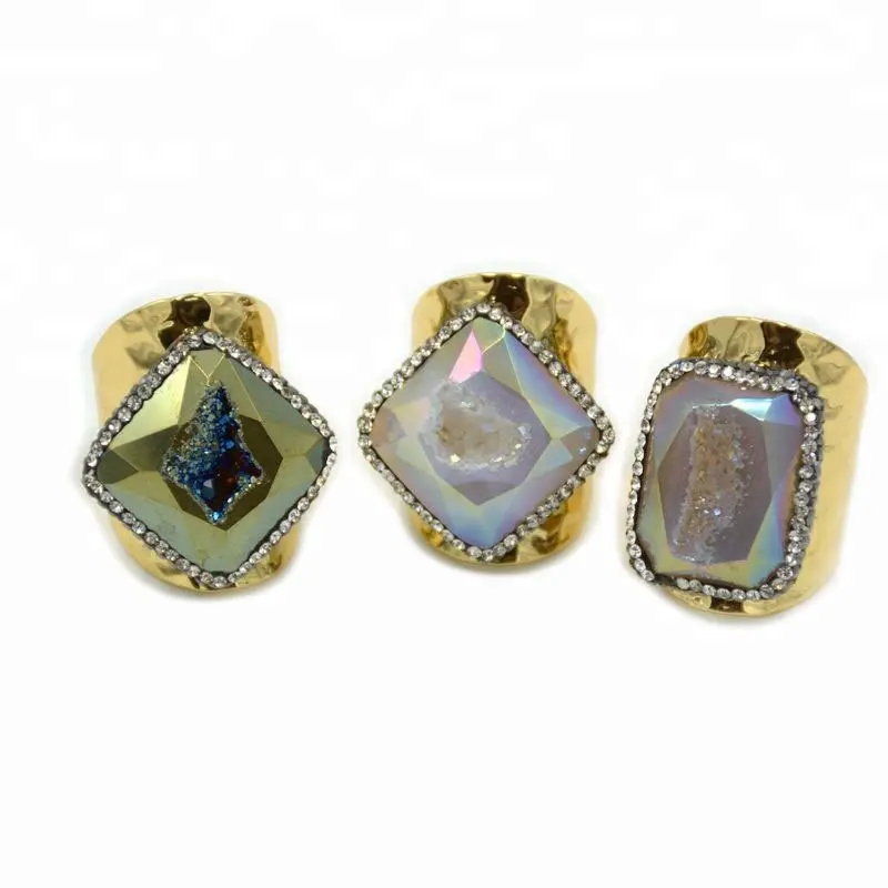 Друзовые манжеты, золотые металлические кольца из Жеода, агат со стразами, модное кольцо-манжета из натурального драгоценного камня, оптовая продажа, ПАВЕ, кристалл, камень, ювелирные изделия для унисекс