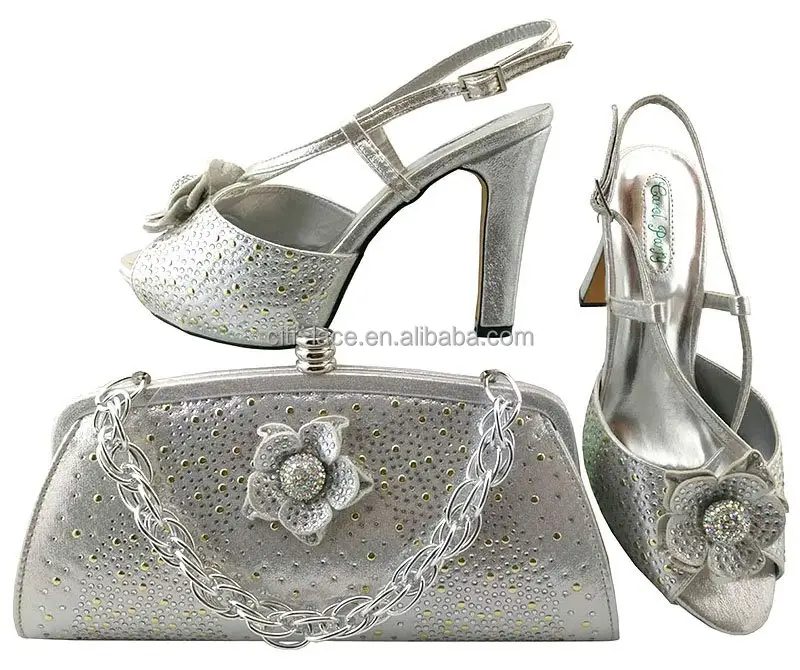 SH068-1 Wholesale silver colos Italian shoes with matching bags set for party