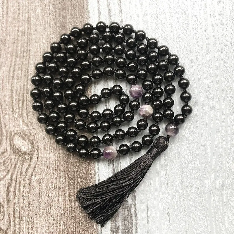 Ожерелье с черным ониксом и аметистом ST0607, 108 мала, бусы для успокоения, медитации, ювелирные изделия, ручное плетение, ожерелье с кисточкой