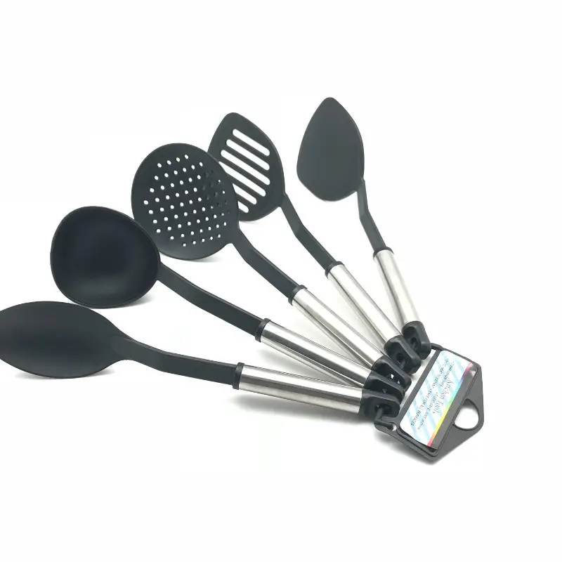 Utensilios de cocina de nailon, utensilios de cocina de acero inoxidable, juego de 5 piezas