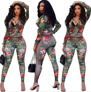 Vrouwen Mode Multicolor Printing Lange Mouwen Zip Open Jassen Potlood Lange Broek Twee Stukken Sets Sporting Trainingspakken Overalls