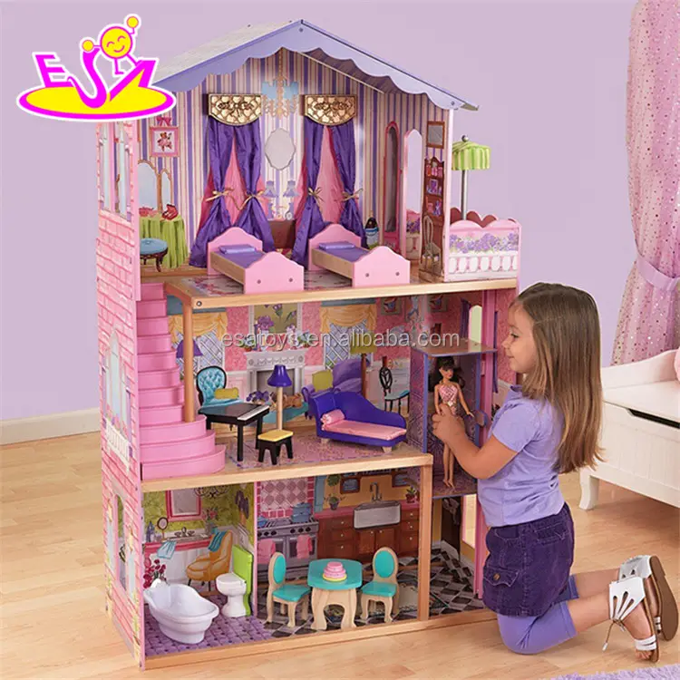 New design 16 pieces of furniture elegant dollhouse shanghai toy suite wooden 18 inch doll house for children W06A232