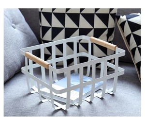 New <strong>Rectangular</strong> Silver White Eco-Friendly Metal Iron Storage <strong>Basket</strong> with Wooden Handle for Home Use Drink/Food Storage - Product Image 6