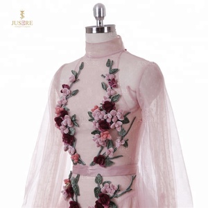 Precioso cuello alto mangas largas abullonadas <span class=keywords><strong>una</strong></span> línea punto tul Rosa vestidos de fiesta de noche con flores hechas a mano de colores - Product Image 5