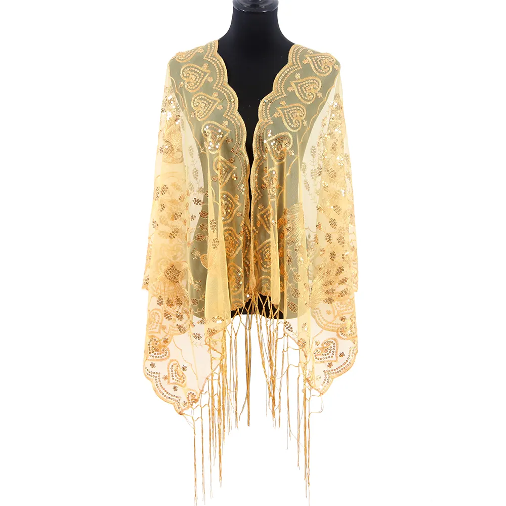 Wholesale blank partywear cover up tassel embroidered gold peacock sequin scarf