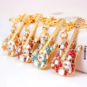 Colorful Crystal Guitar Musical Instrument Keychain Girl Accessories Key Chain Metal Pendant Small Gift Rhinestone Holder Ring
