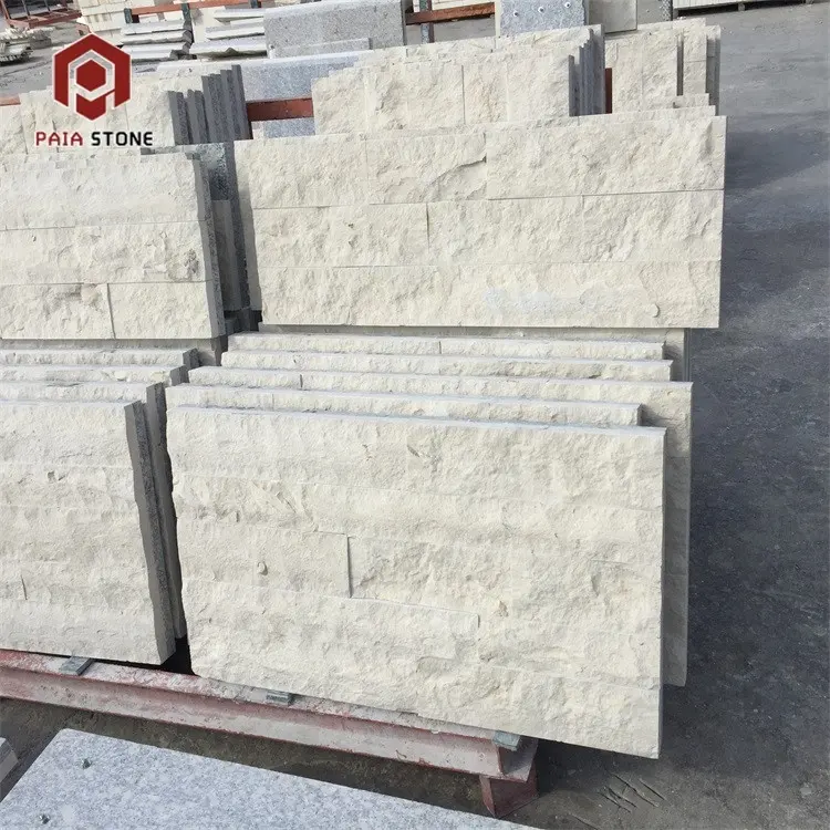 800Mm X 400Mm Natuurlijke Split Gezicht Beige Kalksteen Buitentegel Muur Stenen Tegels Bekleding Moderne 3d Kalksteen Wandtegels