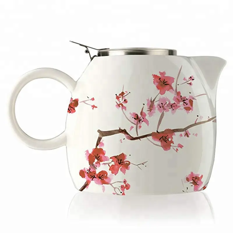 Vaso de chá cereja flor de cerâmica com infusor de aço inoxidável e tampa