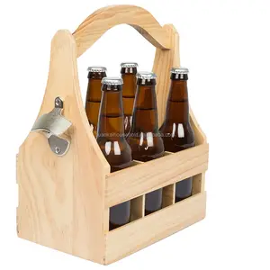 Suporte com abridor de garrafa de cerveja, transportador de cerveja de madeira com abridor de garrafa e inserções removíveis de bambu com 6 pacotes