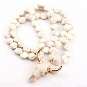 Fashion women White Beige Flat Beads Skull head necklace Knot Bull Skull horn Pendant necklace